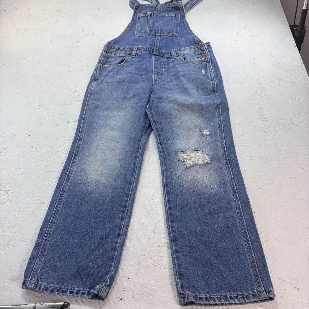 Old Navy Unisex 8 Denim Overalls Distressed Blue Jean Bib 100% Cotton Farmhouse